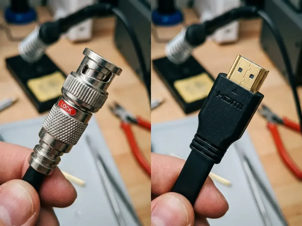 Comparing SDI and HDMI input cables for an IPTV encoder box setup.