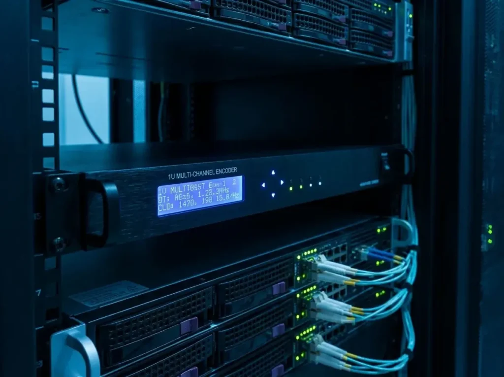 Multi-channel IPTV encoder hardware mounted in a professional broadcast server rack.