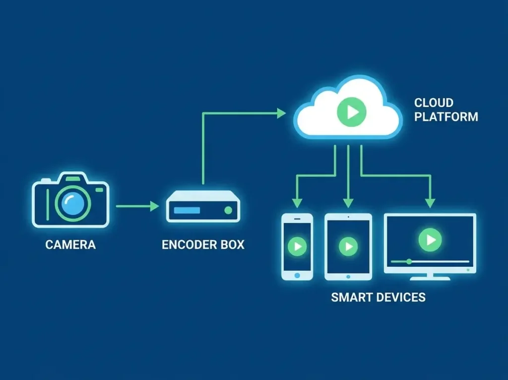 Diagram showing how an IPTV encoder box compresses and transmits video to streaming networks.