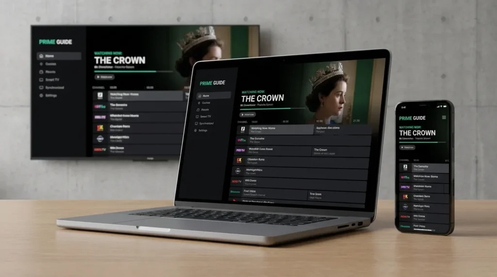 Premium IPTV service interface running seamlessly across a Smart TV, laptop, and smartphone.