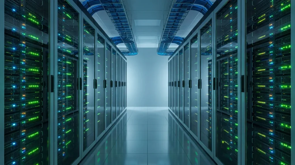 High-tech server rack in a data center representing the robust infrastructure used by reliable IPTV providers.
