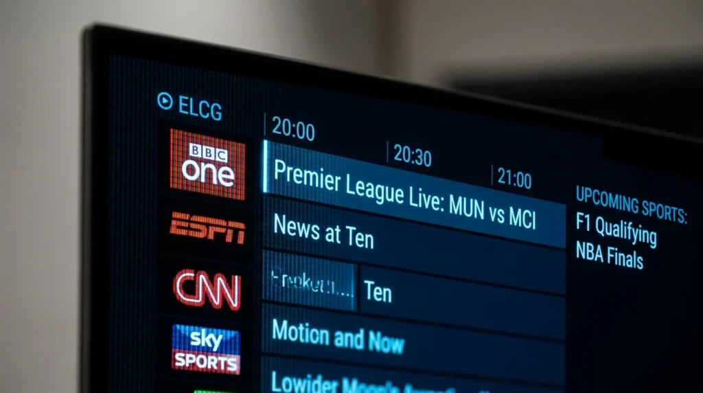 A detailed Electronic Program Guide (EPG) grid displayed on a 4K television for easy channel navigation.