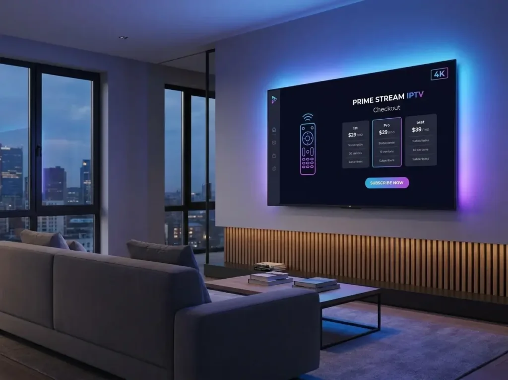 Making a secure IPTV purchase on a modern 4K Smart TV interface.