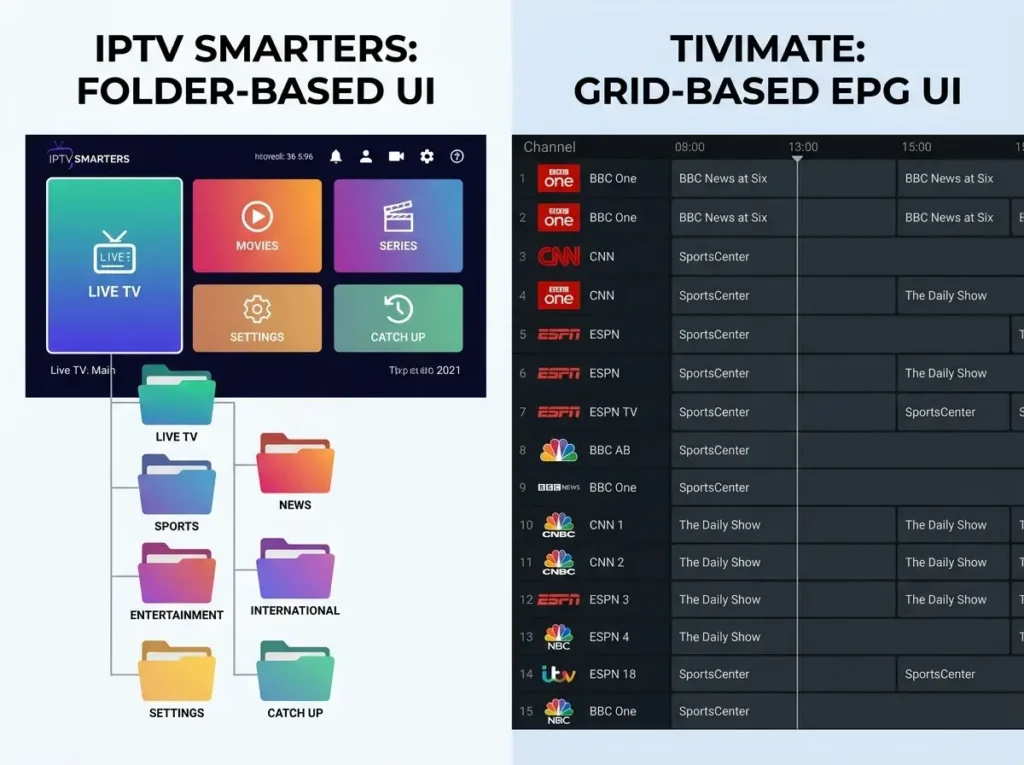 Comparing IPTV Smarters and TiviMate applications for your IPTV purchase.