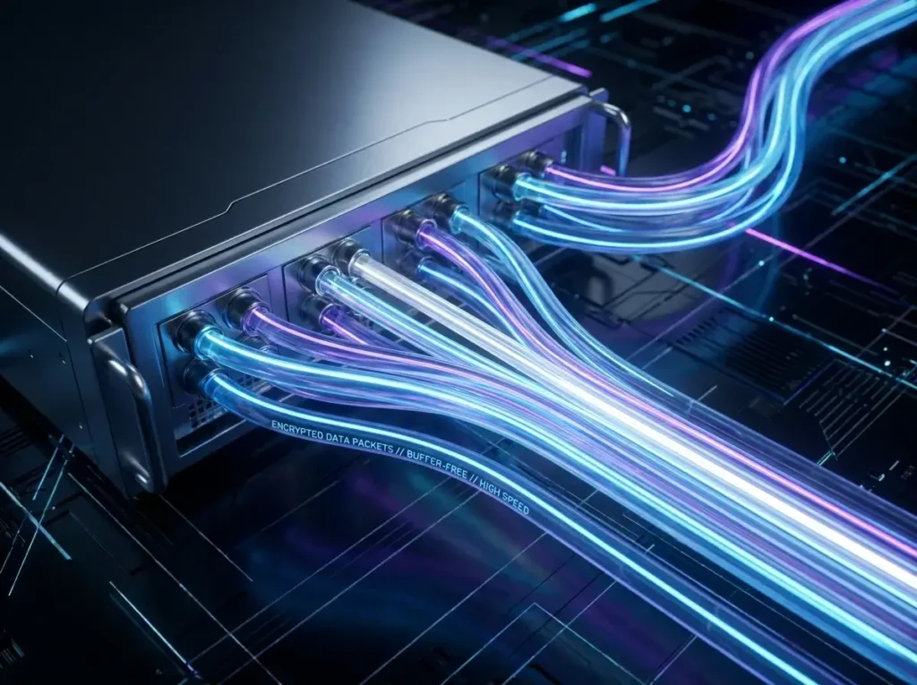 Digital network flow representing how an IPTV service transmits video data over the internet.