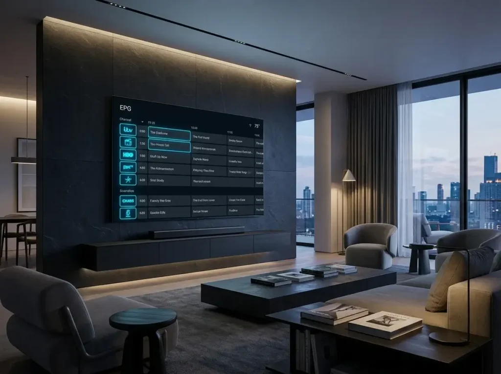High-tech 4K Smart TV displaying a premium IPTV service interface in a modern living room