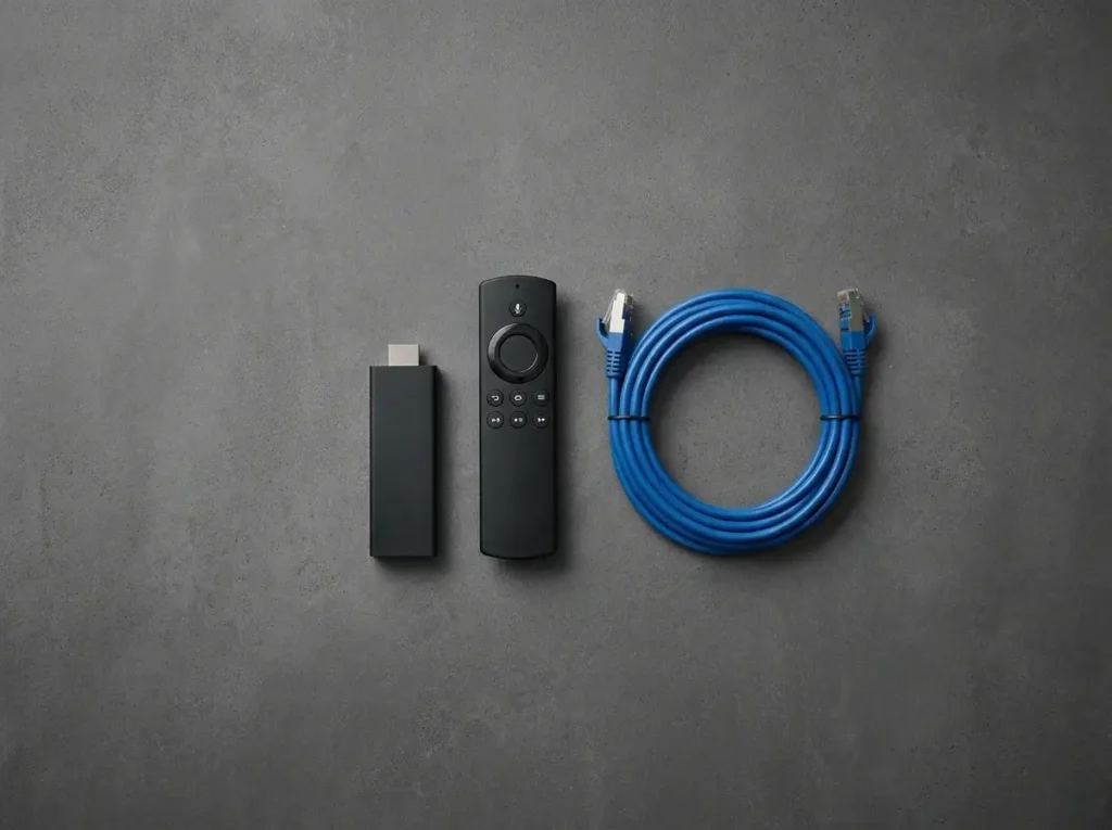 Amazon Fire TV Stick remote control next to a television screen.