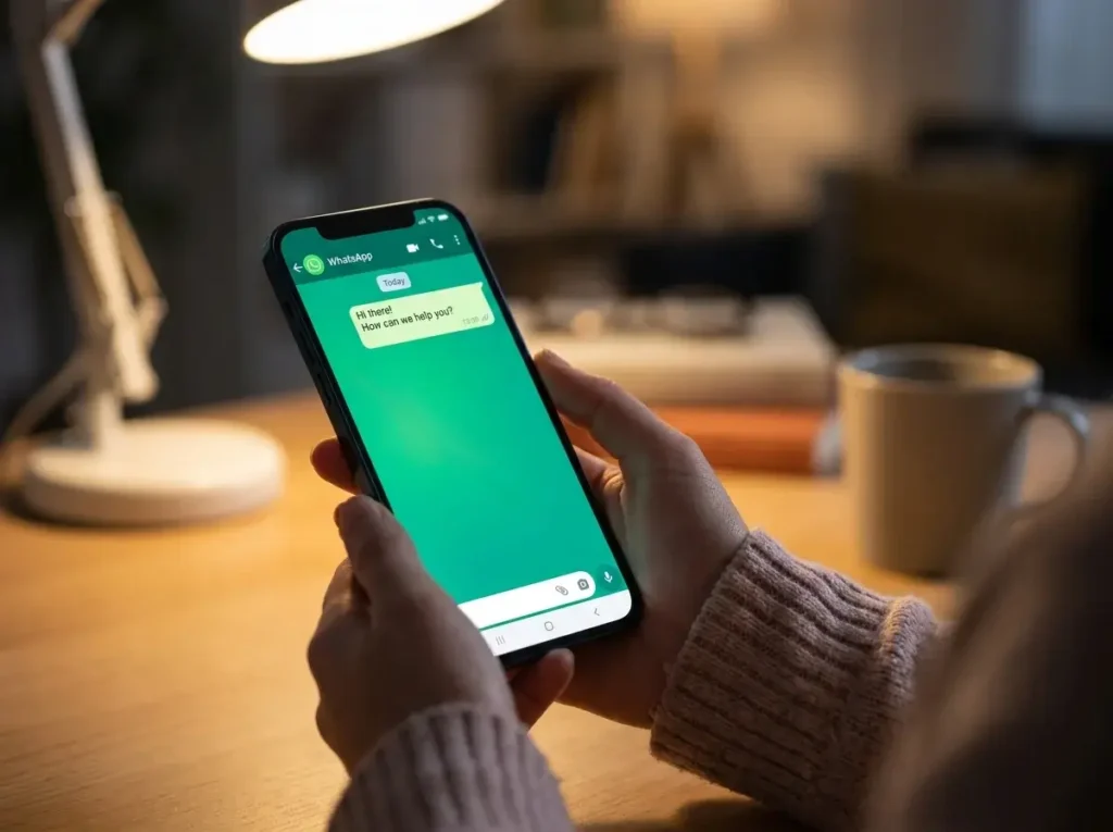 Customer support agent typing a message on a smartphone using WhatsApp.