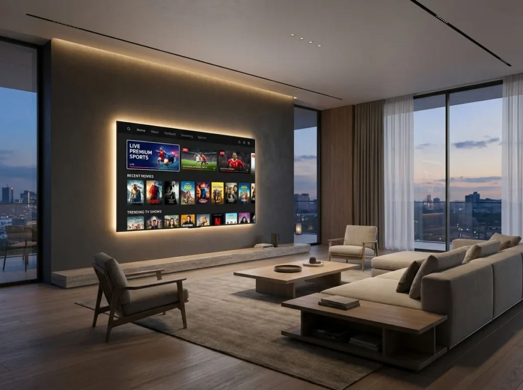 A modern 4K smart TV displaying a premium IPTV subscription streaming interface in a luxury living room.