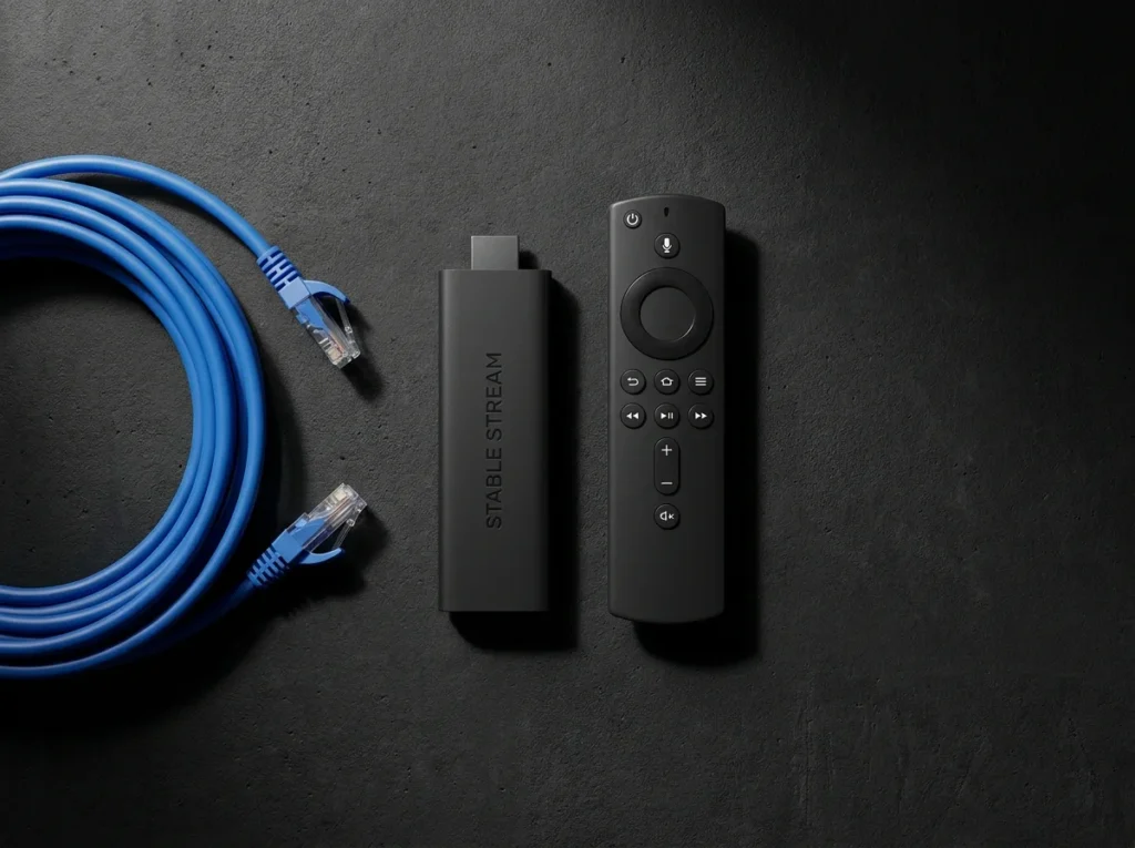 Amazon Fire TV Stick 4K streaming device and remote control arranged on a clean tech surface.