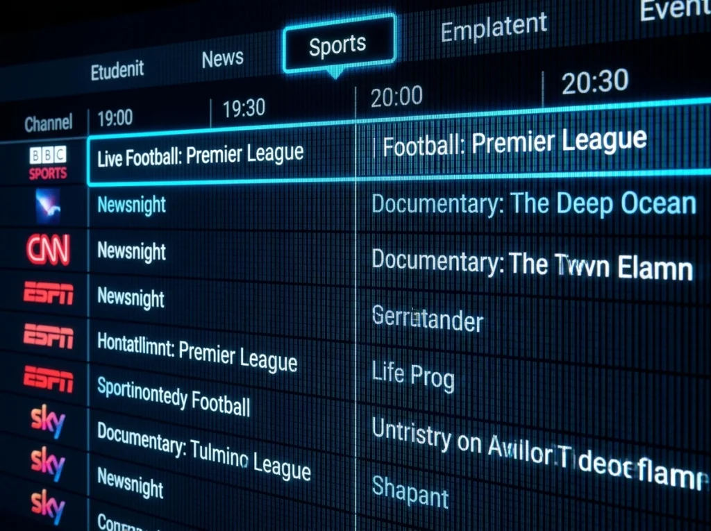 An accurate electronic program guide EPG channel grid displayed on a 4K television.