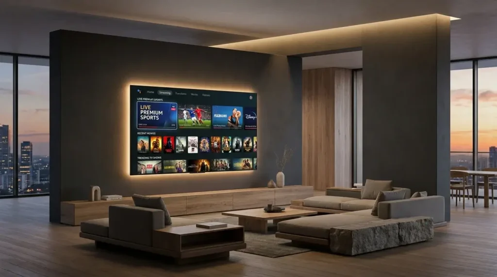 A modern 4K smart TV displaying the premium Inline IPTV service interface.