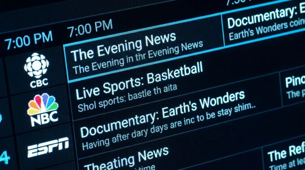 A detailed Electronic Program Guide (EPG) grid displayed on a 4K television for easy Inline IPTV channel navigation.