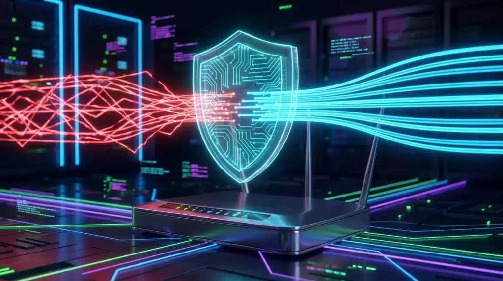 Cybersecurity shield icon representing a secure virtual private network connection for Inline IPTV streaming.