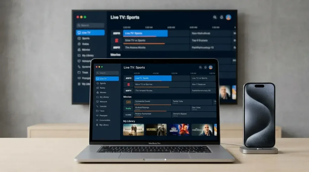 Multiple devices including a smart TV, laptop, and smartphone displaying streaming apps.