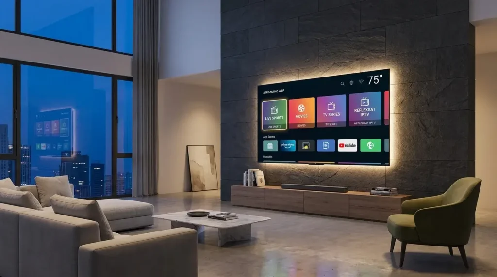 A modern 4K smart TV displaying the ReflexSat IPTV interface in a living room.
