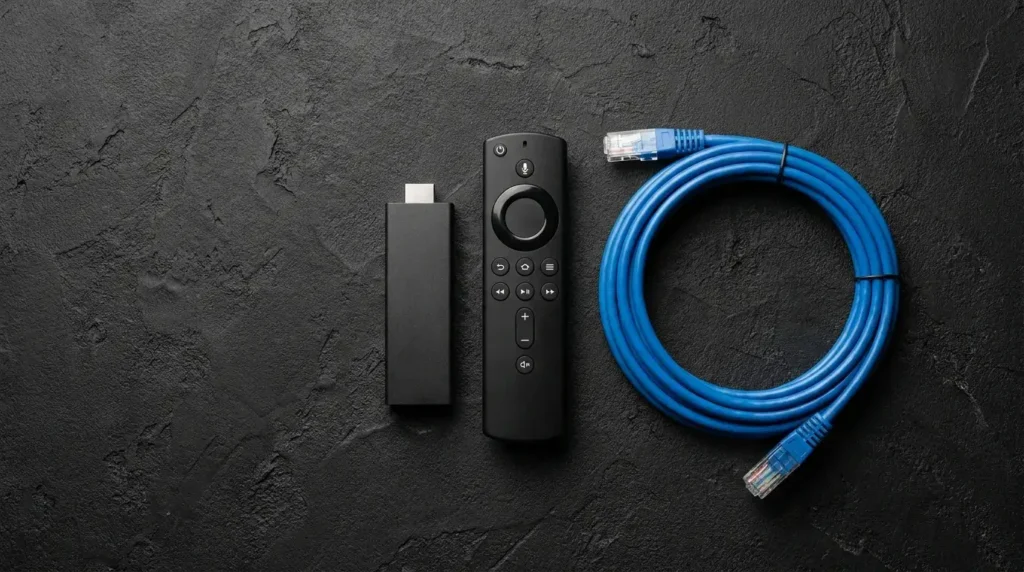 Amazon Fire TV Stick streaming device and remote control for ReflexSat IPTV installation.