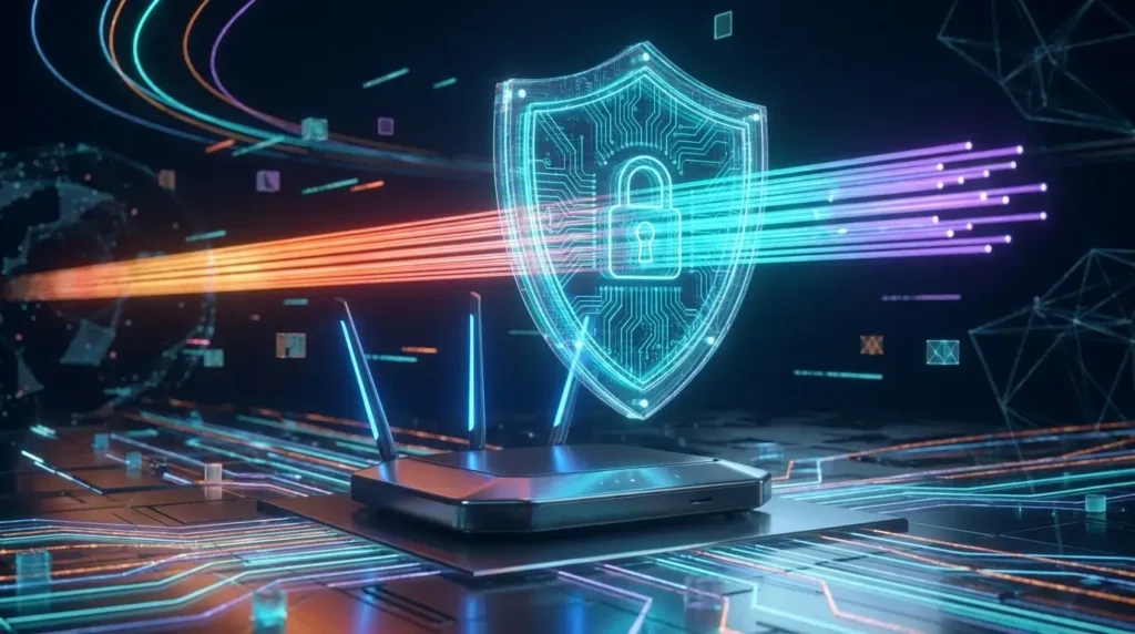 Holographic cybersecurity shield over a Wi-Fi router representing VPN encryption.