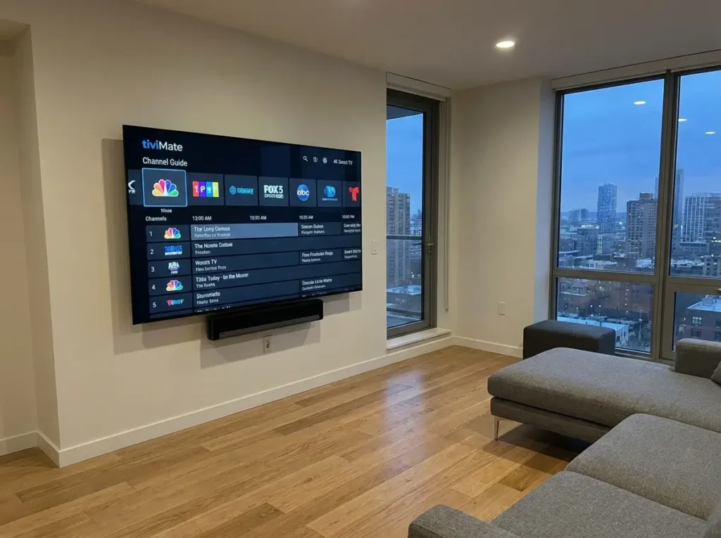 A 4K Smart TV running the Vivimate and TiviMate IPTV player interface in a modern living room