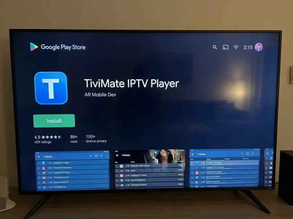 Downloading the official TiviMate Android TV app from the Google Play Store.