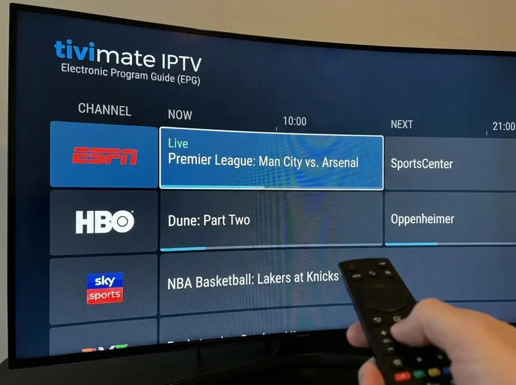 A fully populated TiviMate EPG makes browsing live TV channels effortless.