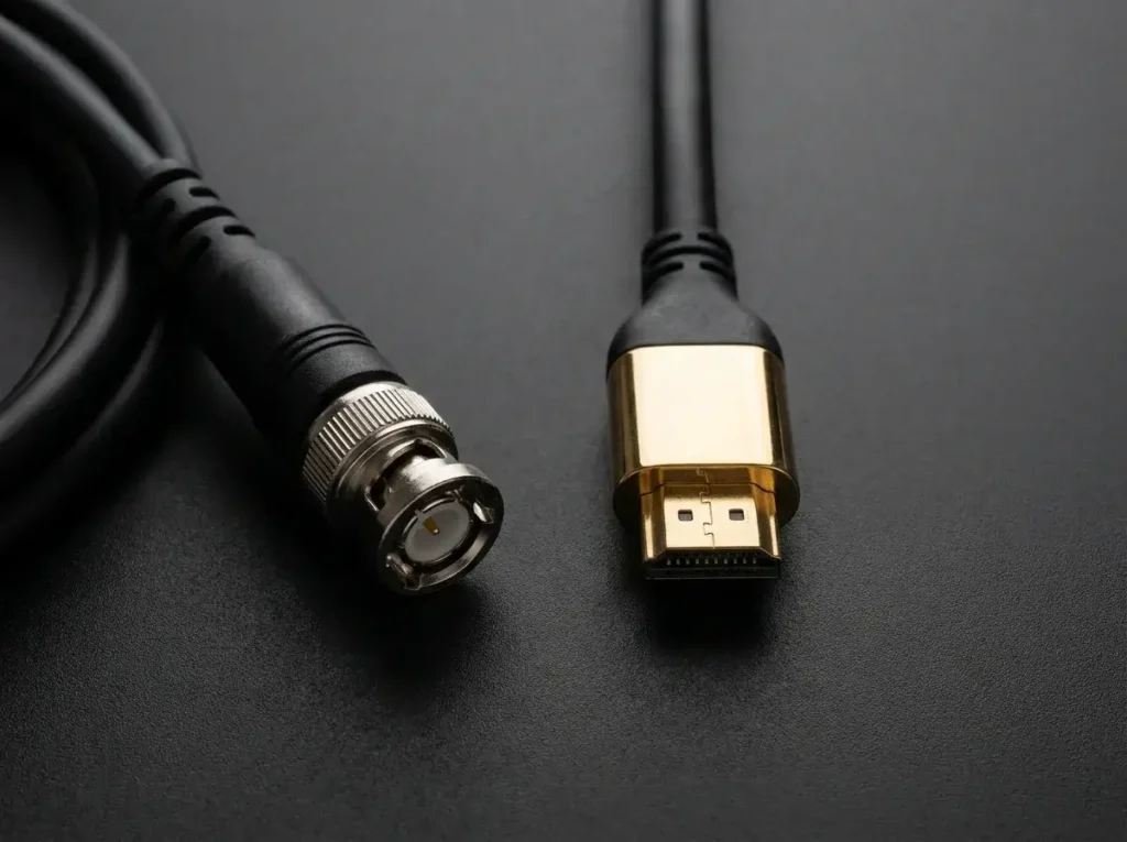 Macro photography comparing a locking SDI BNC connector to a standard HDMI cable for IPTV encoding.