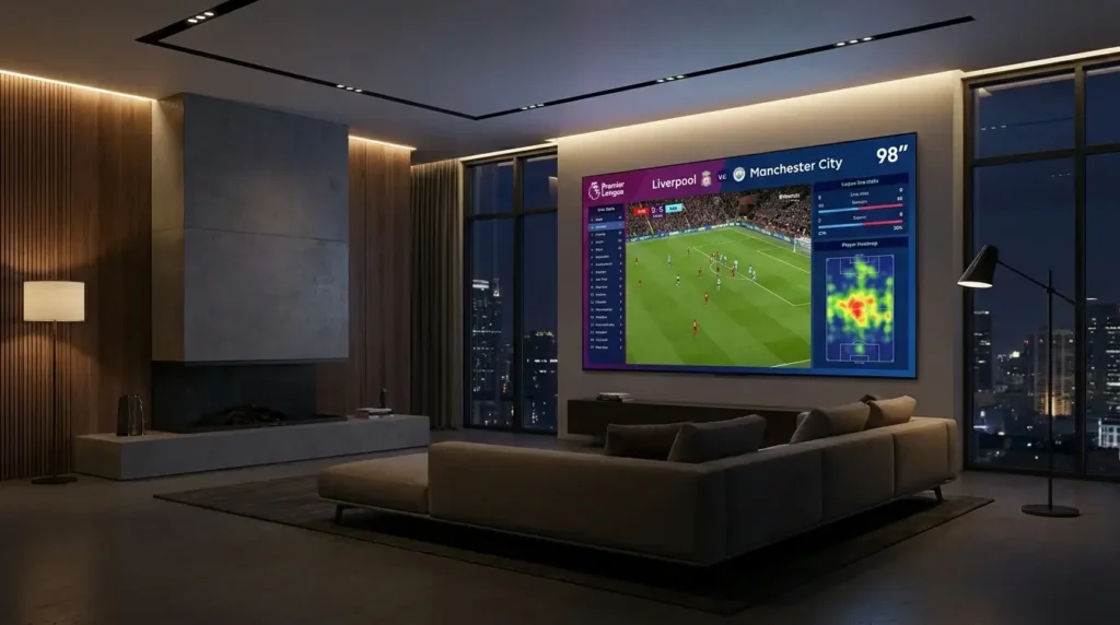 A modern living room displaying a premium 4K IPTV interface on a smart TV.