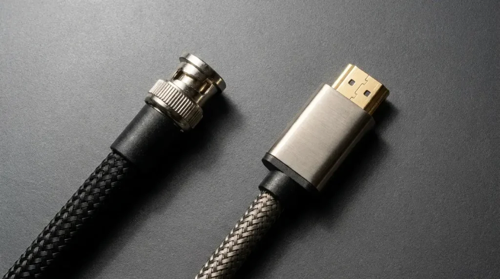 Macro comparison of SDI and HDMI input cables for a 4K video encoder.