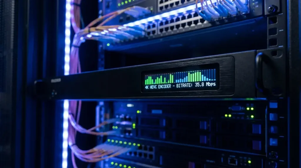 Professional 4K IPTV encoder box mounted in a broadcast server rack