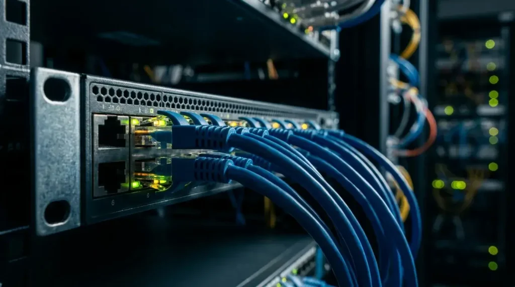 High-speed Cat6 Ethernet cables connected to a network switch for stable 4K IPTV streaming.